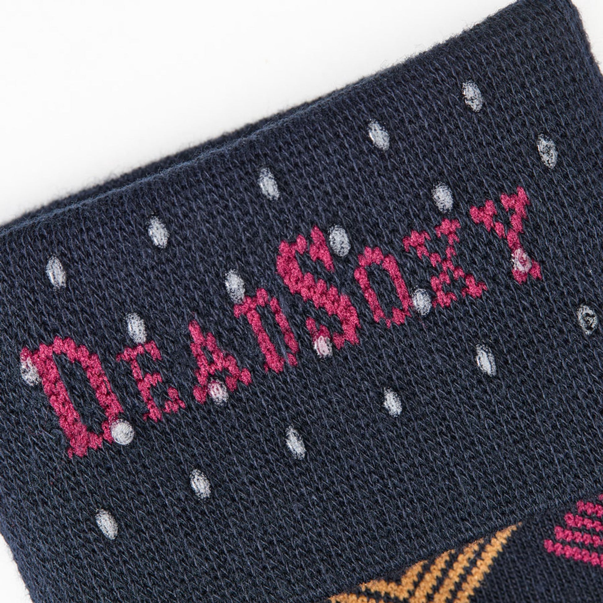 DeadSoxy F24 Dress Sock 3-Pack A navy boardroom sock with white polka dots and pink accents on Tampa Home & Garden Store