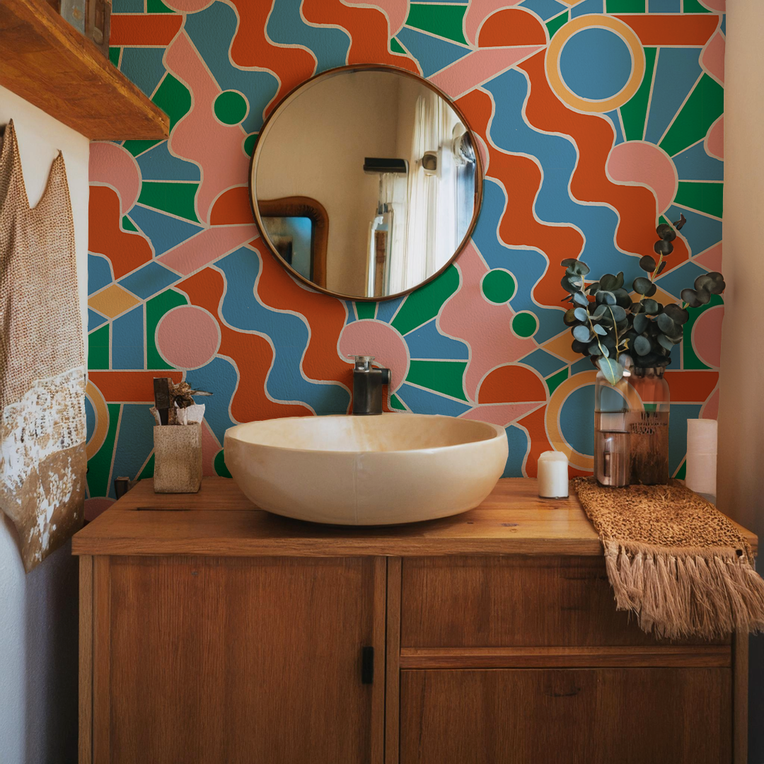 Day Trippin' Wallpaper, blue, green, pink and brick red - Tampa Home & Garden Store