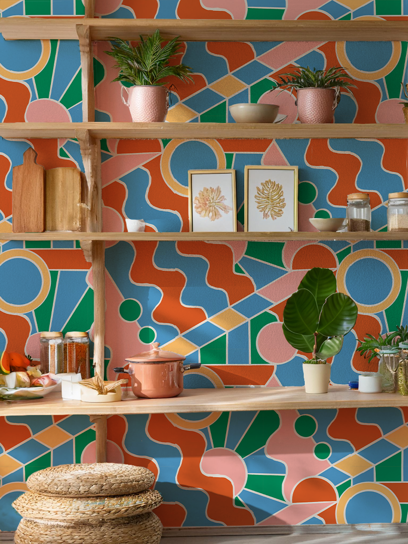 Day Trippin' Wallpaper, blue, green, pink and brick red - Tampa Home & Garden Store