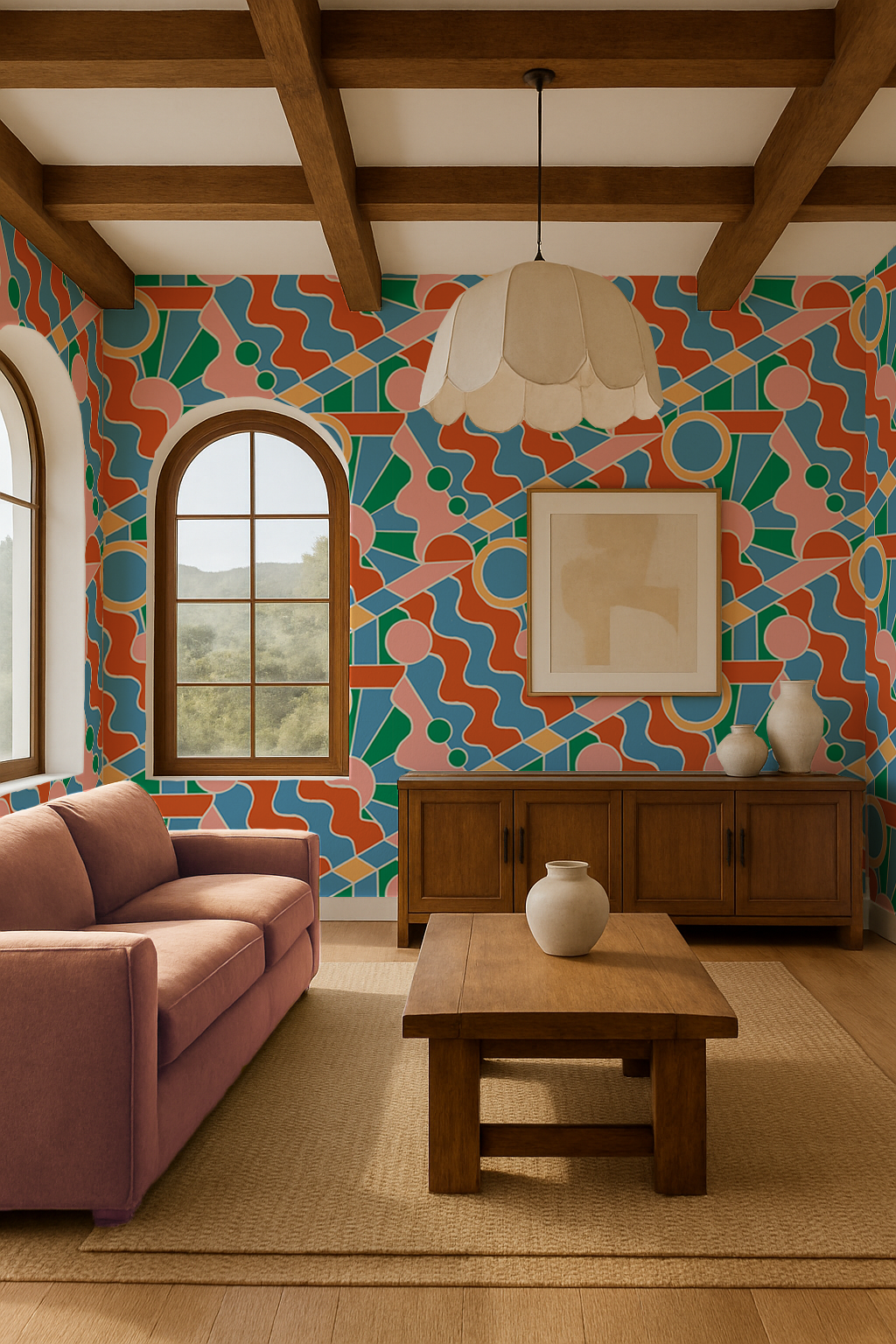 Day Trippin' Wallpaper, blue, green, pink and brick red - Tampa Home & Garden Store