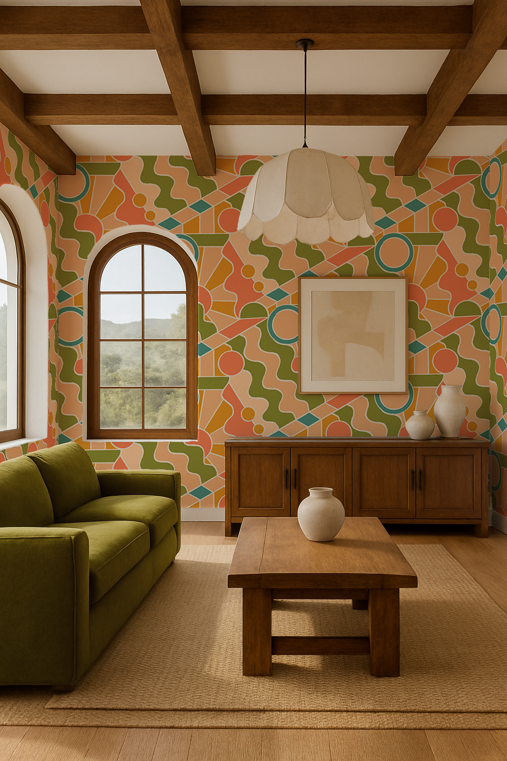 Day Trippin' Wallpaper, olive green, peach, coral and blue - Tampa Home & Garden Store