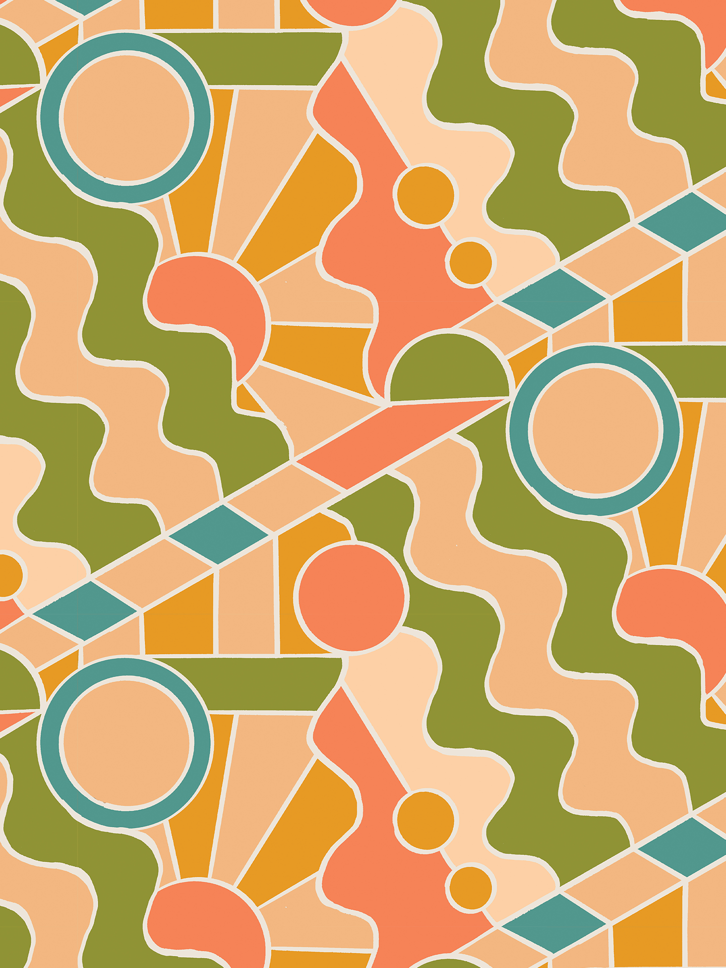 Day Trippin' Wallpaper, olive green, peach, coral and blue - Tampa Home & Garden Store