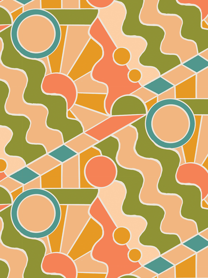 Day Trippin' Wallpaper, olive green, peach, coral and blue - Tampa Home & Garden Store