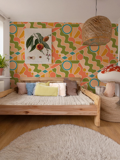 Day Trippin' Wallpaper, olive green, peach, coral and blue - Tampa Home & Garden Store