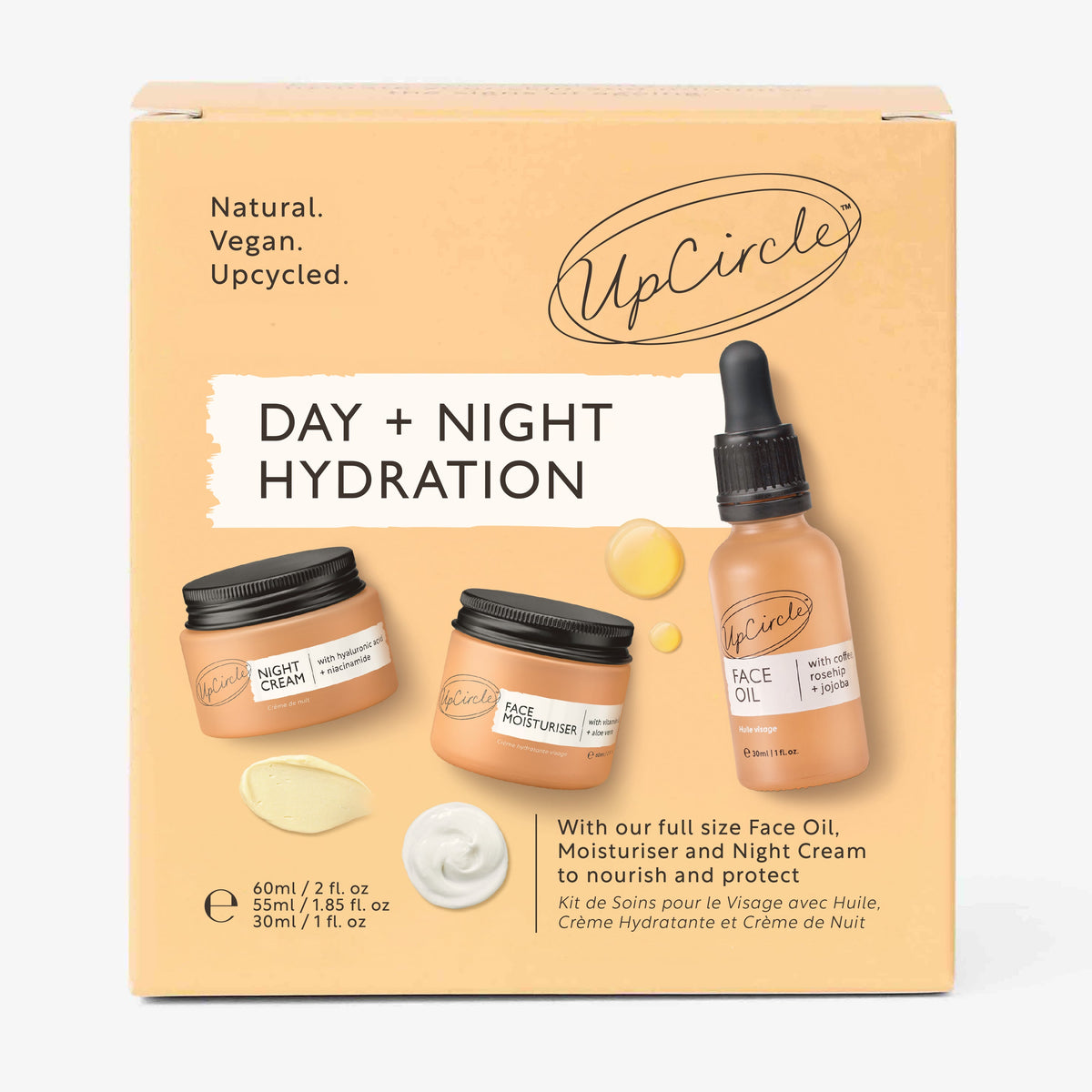 UpCircle Day + Night Hydration Set with 3 jars and 2 bottles on peach packaging on Tampa Home & Garden Store