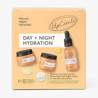 UpCircle Day + Night Hydration Set with 3 jars and 2 bottles on peach packaging on Tampa Home & Garden Store