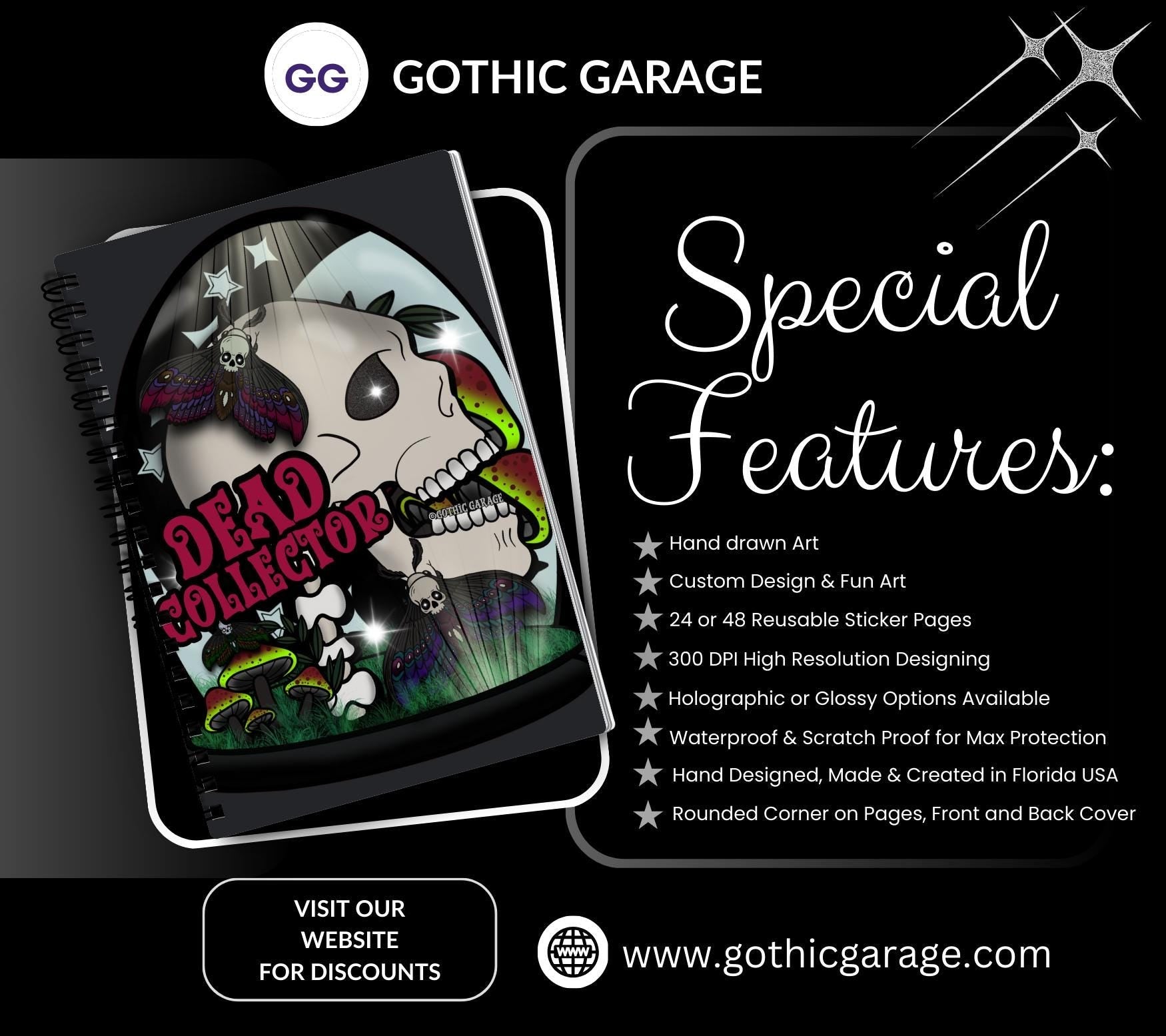 Dead Collector Reusable Sticker Book -  9x6 Album for Organizing your Oddities & Curiosities Stickers, Choose Glossy or Holographic - Tampa Home & Garden Store