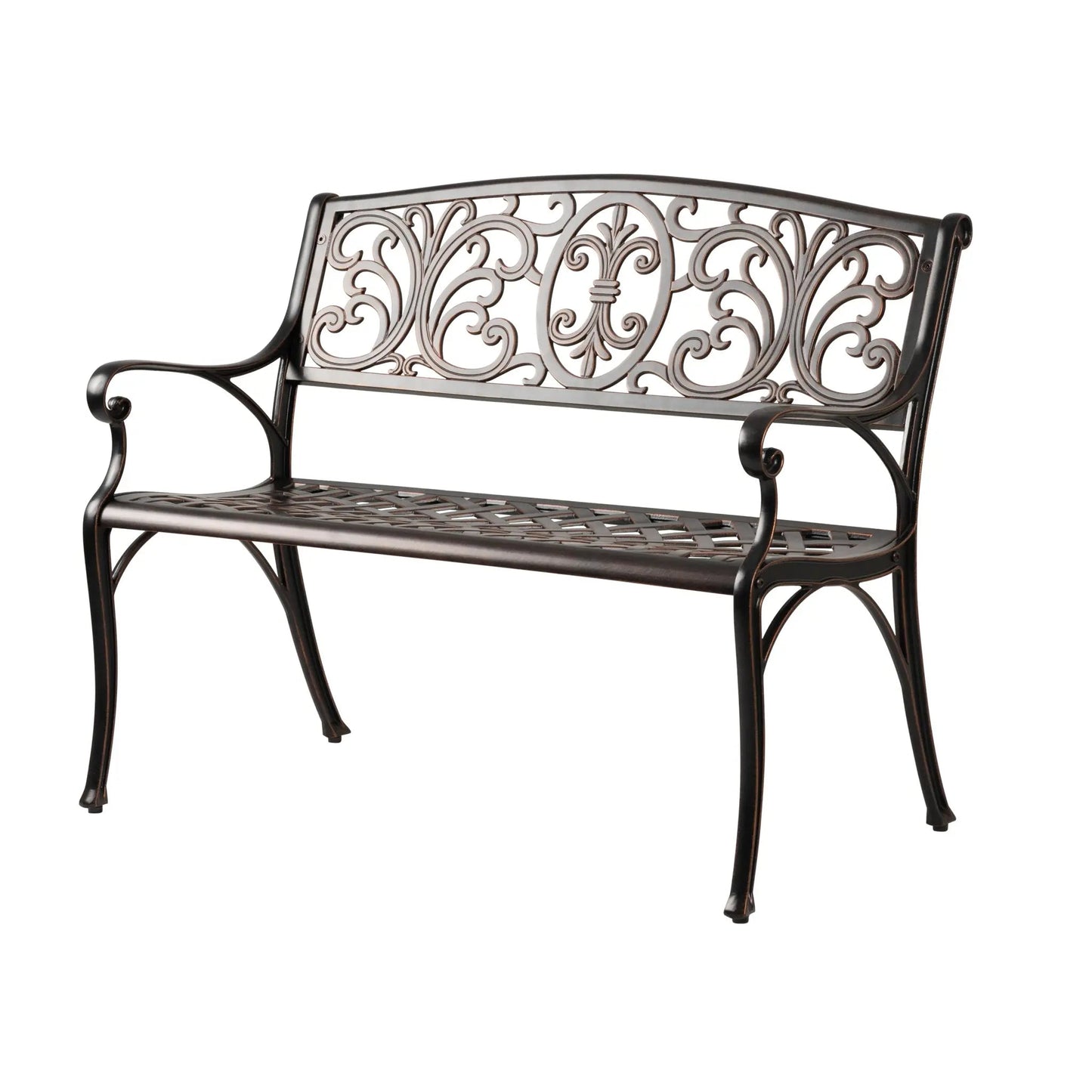 Decatur Aluminum Patio Bench antique bronze with ornate back and curved arms outdoor bench on Tampa Home & Garden Store