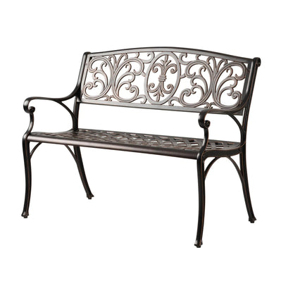 Decatur Aluminum Patio Bench antique bronze with ornate back and curved arms outdoor bench on Tampa Home & Garden Store
