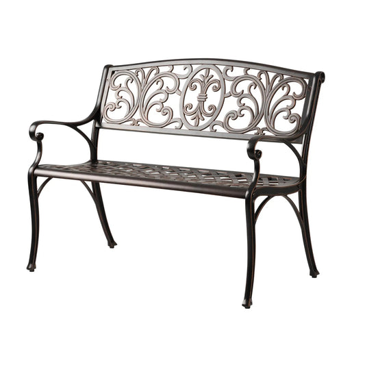 Decatur Aluminum Patio Bench antique bronze with ornate back and curved arms outdoor bench on Tampa Home & Garden Store