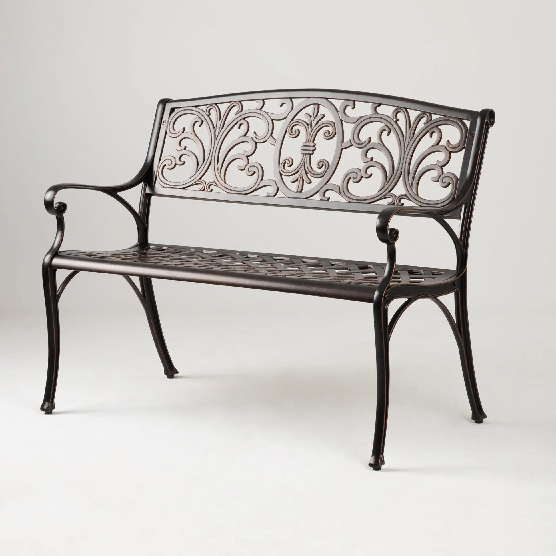 Decatur Aluminum Patio Bench antique bronze with ornate scrollwork back on Tampa Home & Garden Store