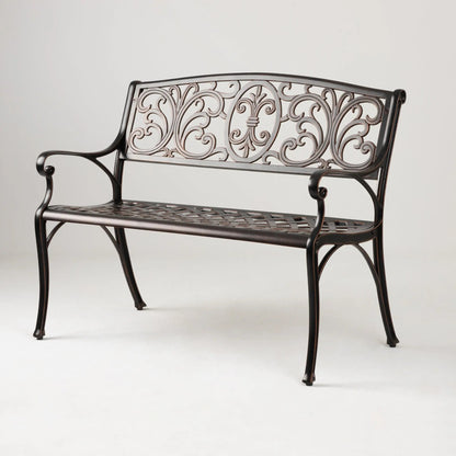 Decatur Aluminum Patio Bench antique bronze with ornate scrollwork back on Tampa Home & Garden Store