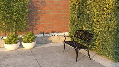 Decatur Aluminum Patio Bench antique bronze with ornate scrollwork outdoor bench on Tampa Home & Garden Store