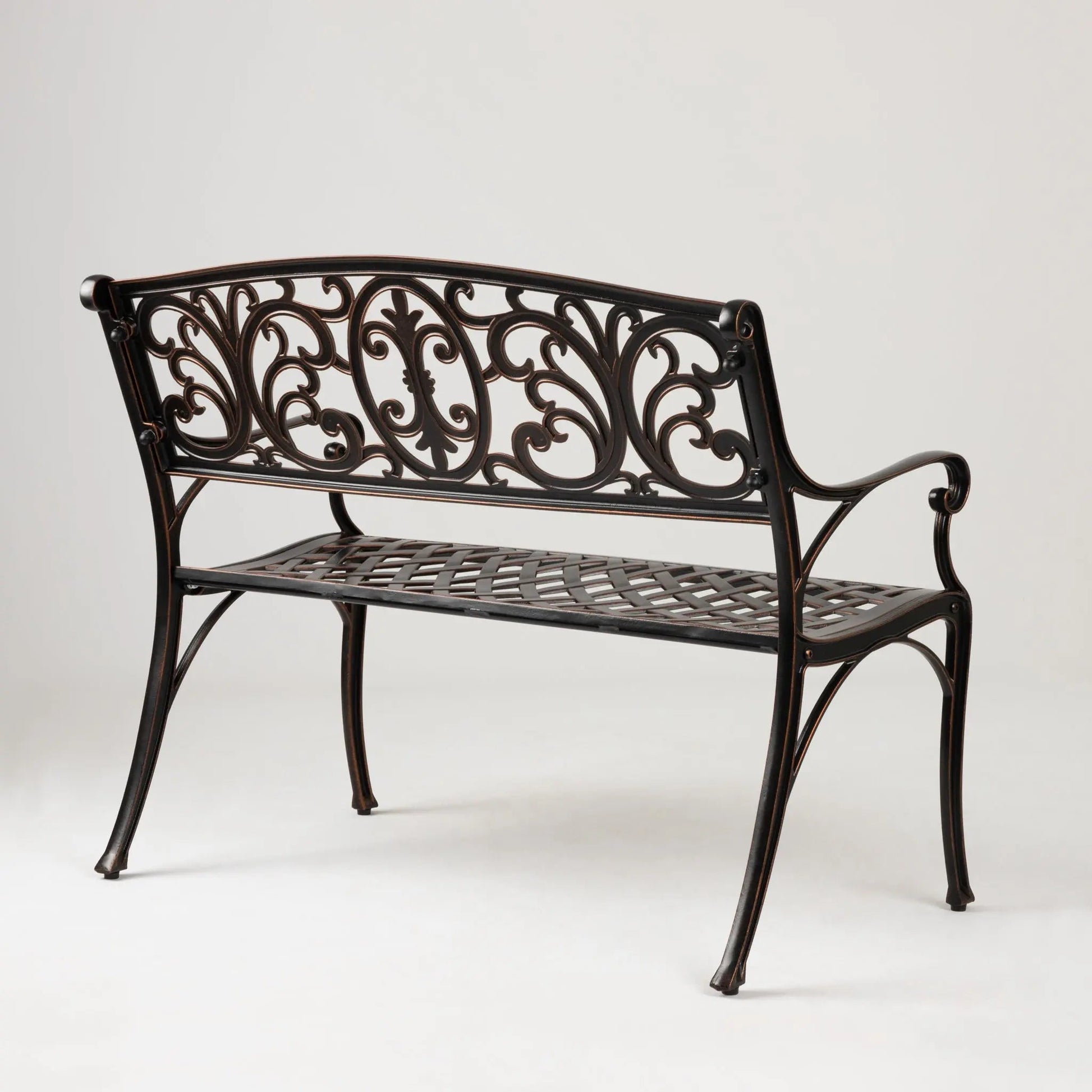Decatur Aluminum Patio Bench antique bronze finish with ornate back by Fire Sense on Tampa Home & Garden Store