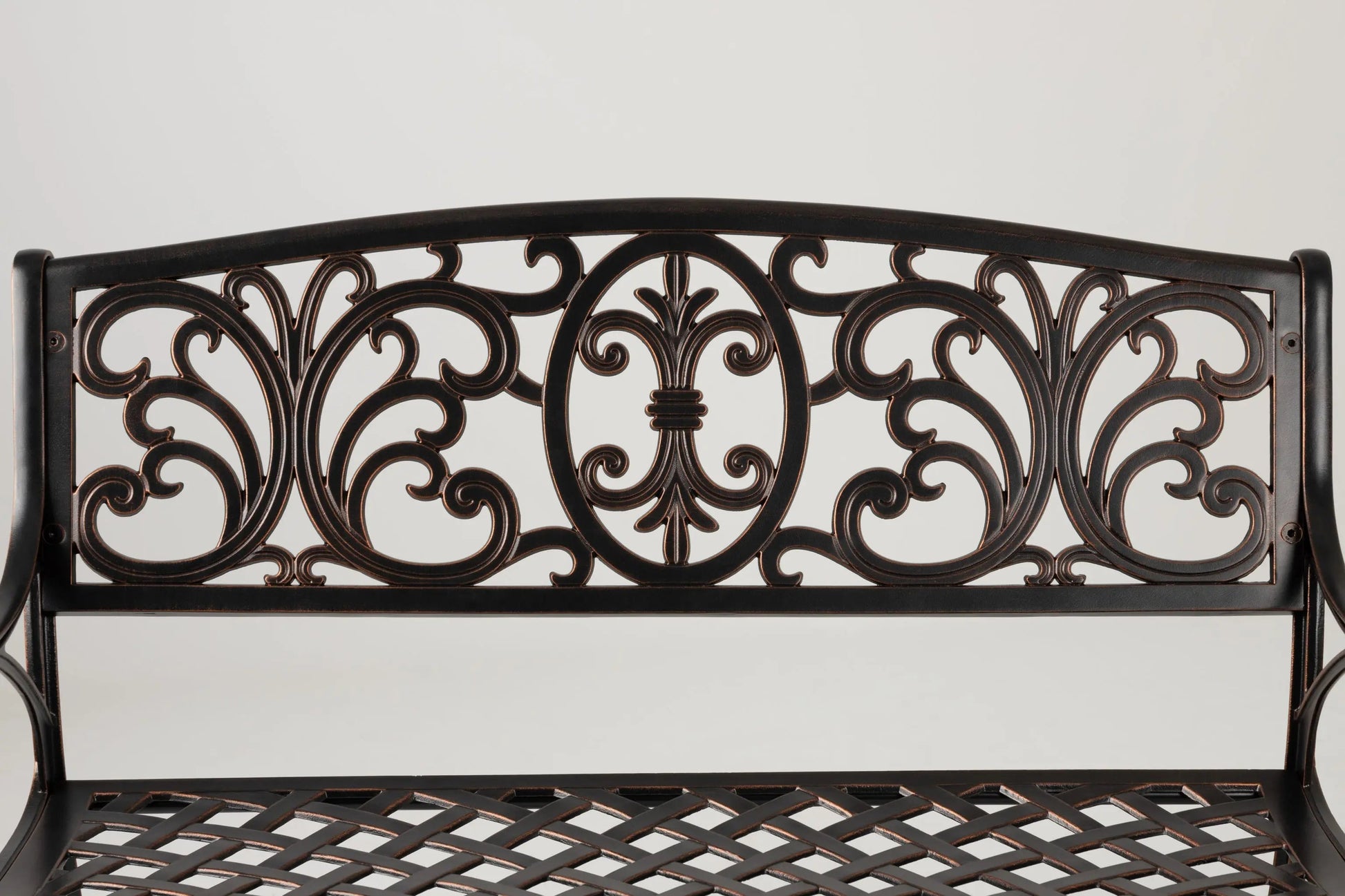 Decatur Aluminum Patio Bench Antique Bronze with ornate scrollwork back, outdoor seating on Tampa Home & Garden Store