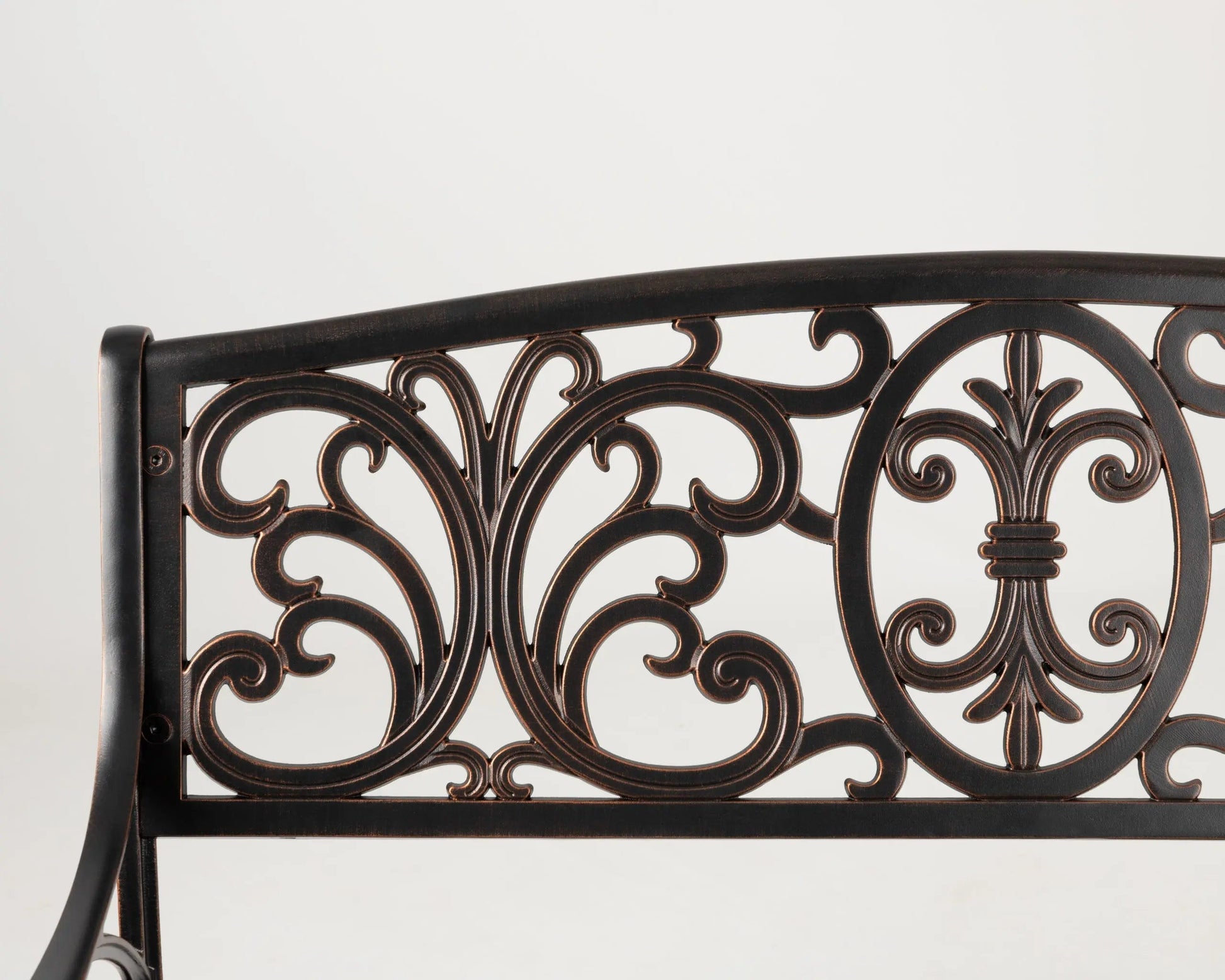 Decatur aluminum patio bench in antique bronze with intricate scrollwork backrest on Tampa Home & Garden Store