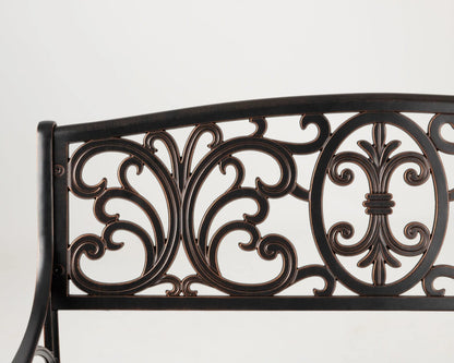 Decatur aluminum patio bench in antique bronze with intricate scrollwork backrest on Tampa Home & Garden Store