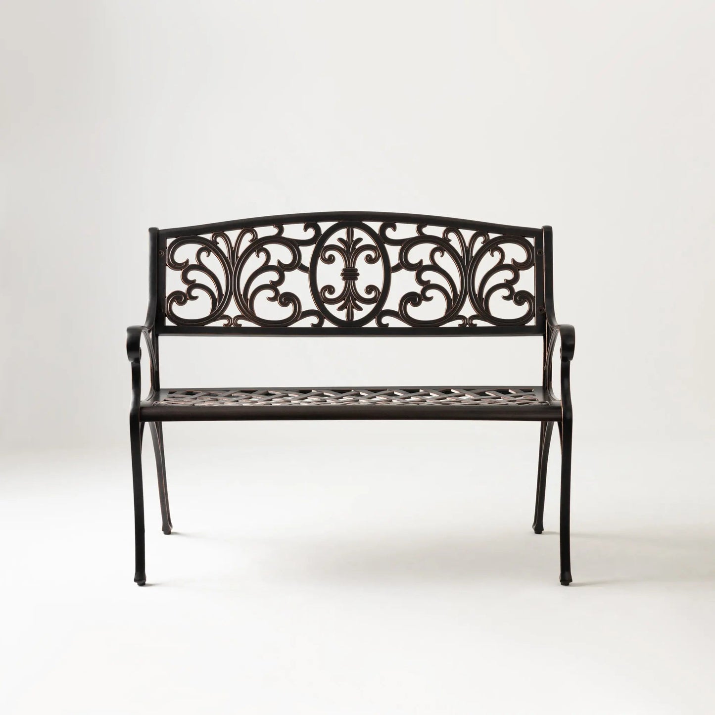 Decatur Aluminum Patio Bench in Antique Bronze with ornate scrollwork on Tampa Home & Garden Store