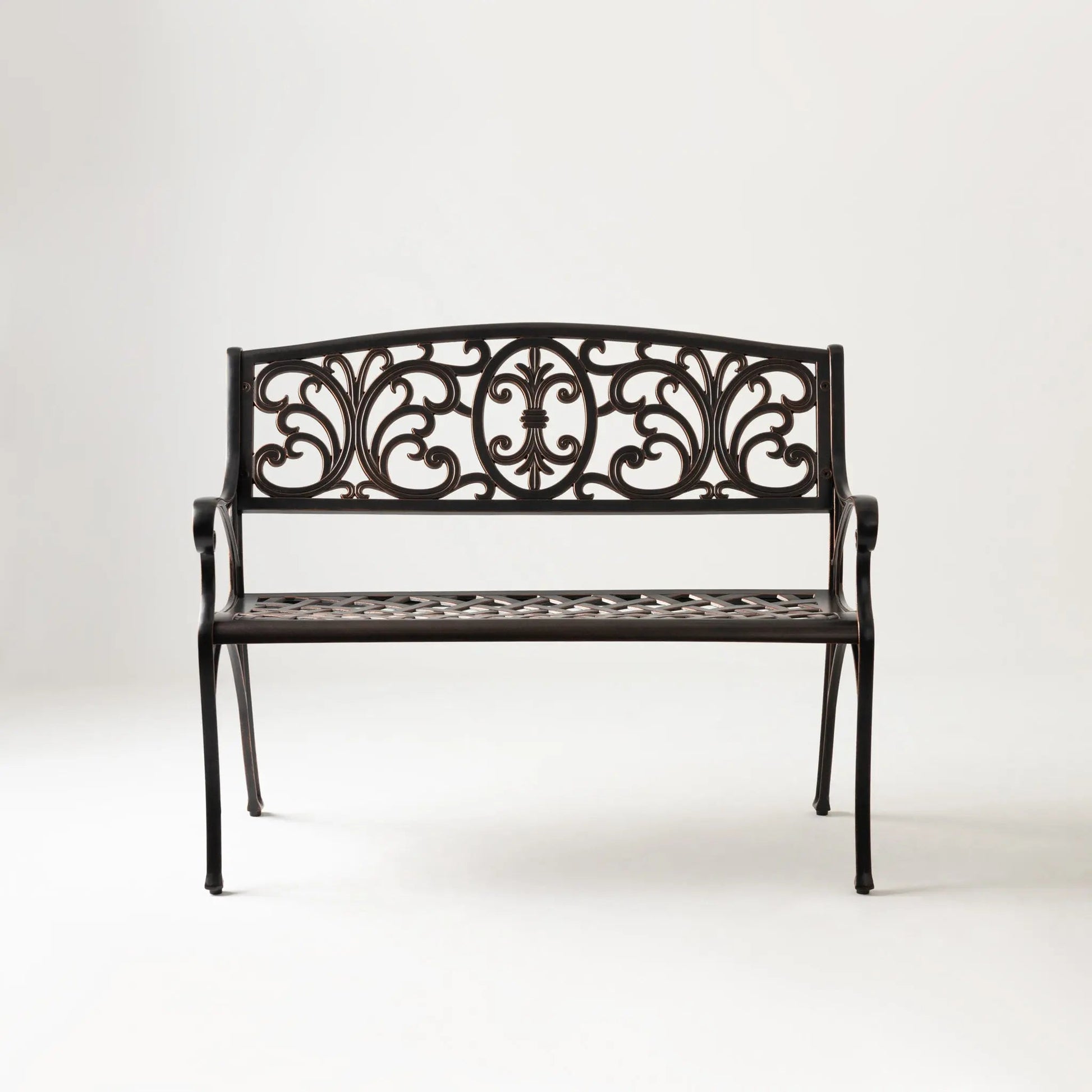Decatur Aluminum Patio Bench in Antique Bronze with ornate scrollwork on Tampa Home & Garden Store