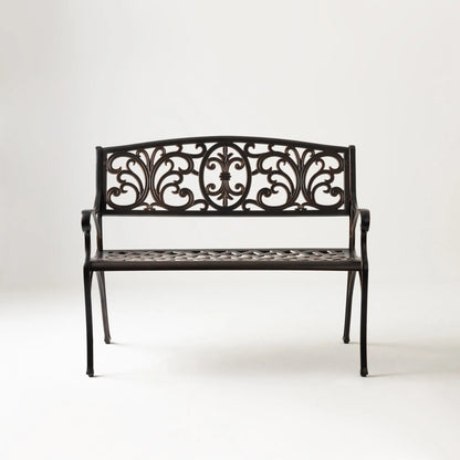 Decatur Aluminum Patio Bench in Antique Bronze with ornate scrollwork on Tampa Home & Garden Store