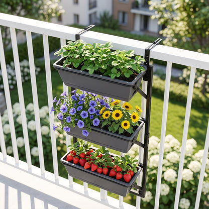Deck railing planter box with 3-tier design, gray plastic planters on black frame DirectDeals on Tampa Home & Garden Store