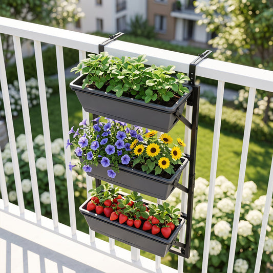 Deck railing planter box with 3-tier design, gray plastic planters on black frame DirectDeals on Tampa Home & Garden Store
