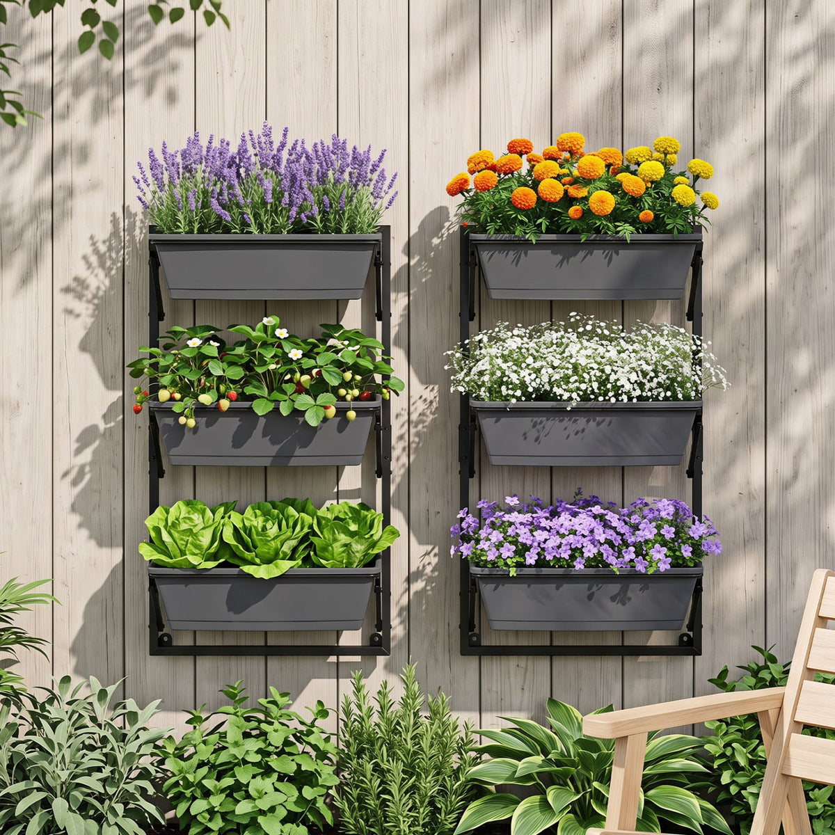 Deck railing planter box system with 3-tier design; six gray planters filled with lavender and marigolds on Tampa Home & Garden Store