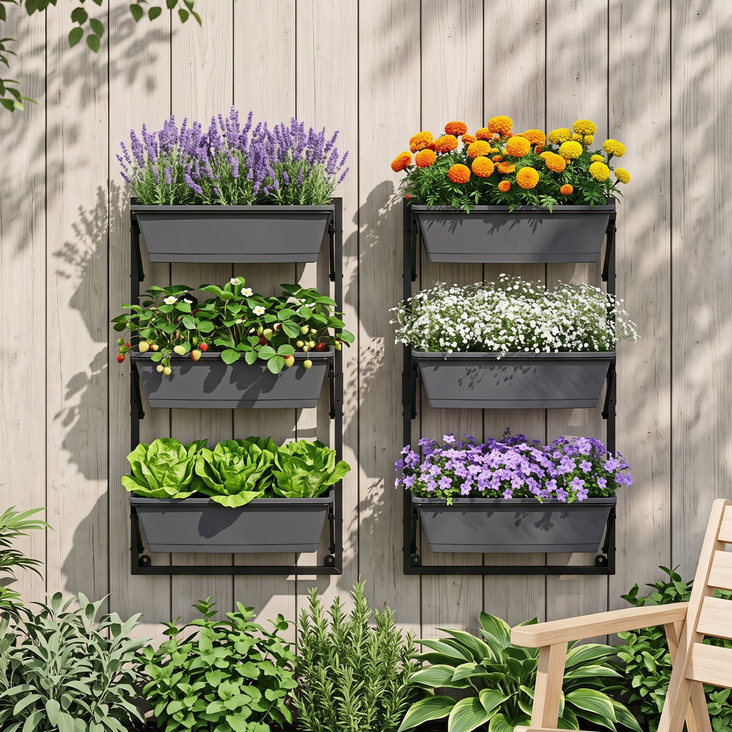 Deck railing planter box system with 3-tier design; six gray planters filled with lavender and marigolds on Tampa Home & Garden Store