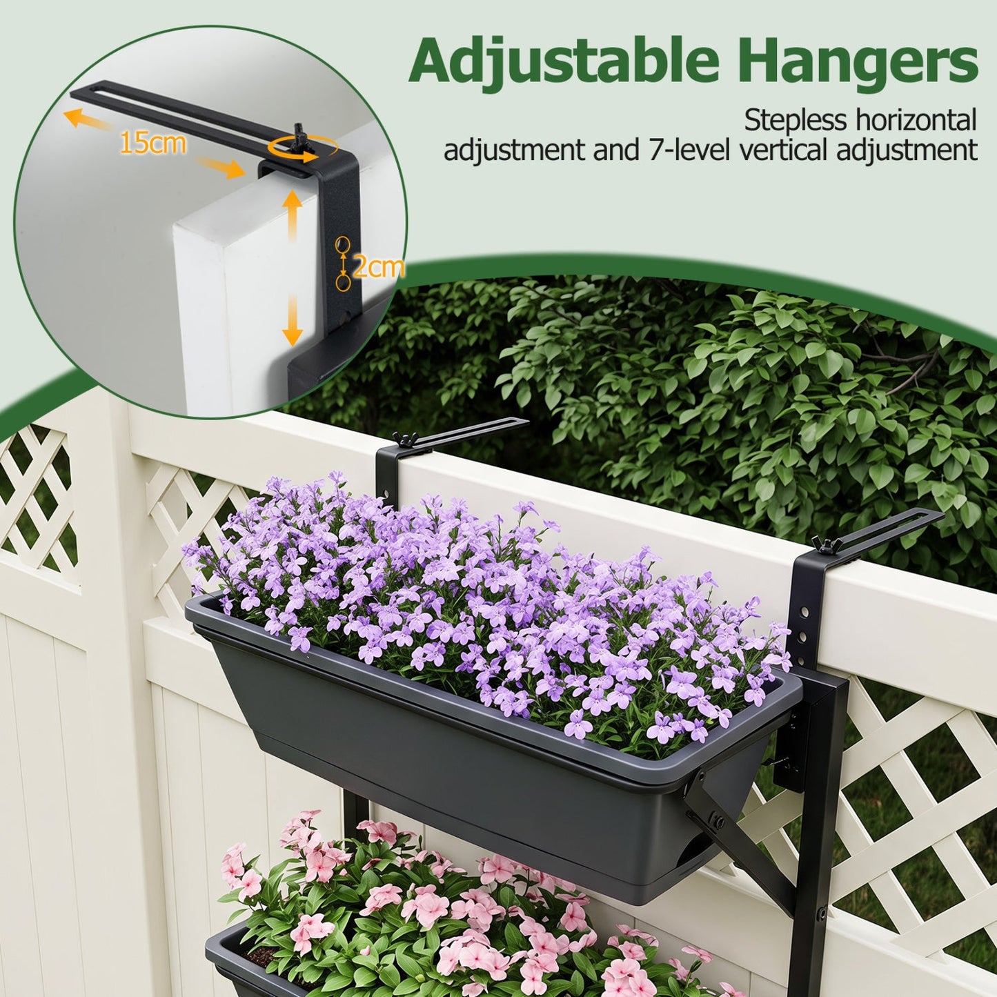 Deck railing planter box by DirectDeals, 3-tier adjustable design, black with purple blooms on Tampa Home & Garden Store