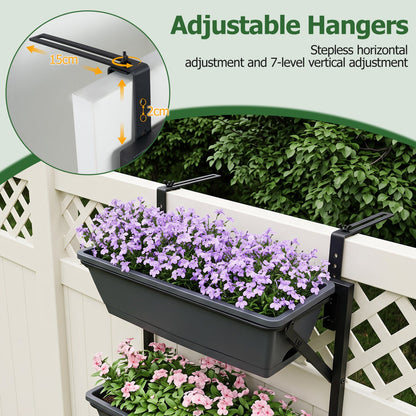 Deck railing planter box by DirectDeals, 3-tier adjustable design, black with purple blooms on Tampa Home & Garden Store
