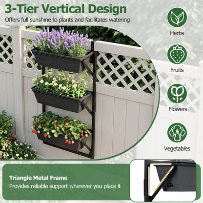 Deck Railing Planter Box, 3-tier, black plastic planters on metal frame with lavender on Tampa Home & Garden Store