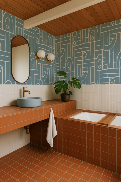 Deco Tile Wallpaper, dusty blue and white - Tampa Home & Garden Store