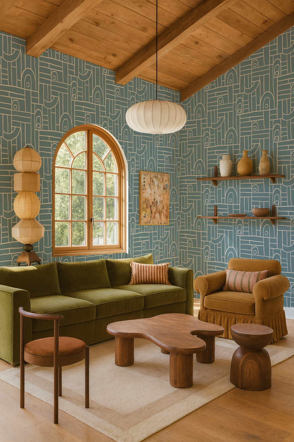 Deco Tile Wallpaper, dusty blue and white - Tampa Home & Garden Store
