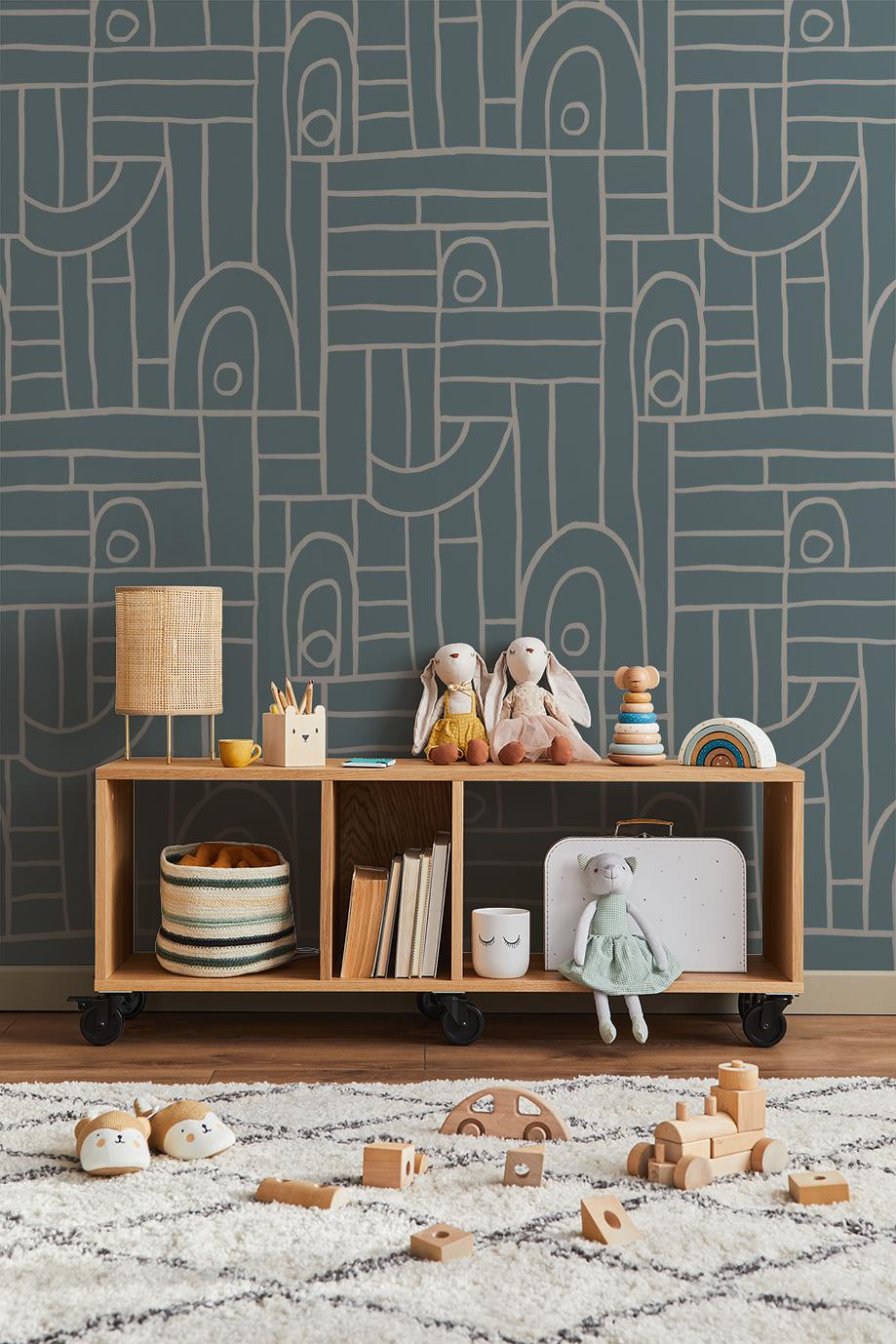 Deco Tile Wallpaper, dusty blue and white - Tampa Home & Garden Store