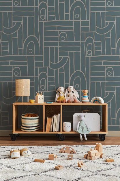 Deco Tile Wallpaper, dusty blue and white - Tampa Home & Garden Store