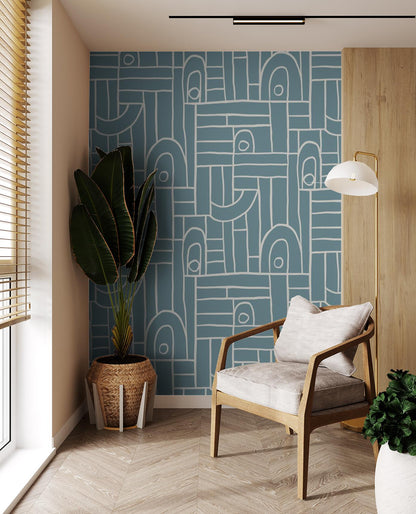 Deco Tile Wallpaper, dusty blue and white - Tampa Home & Garden Store