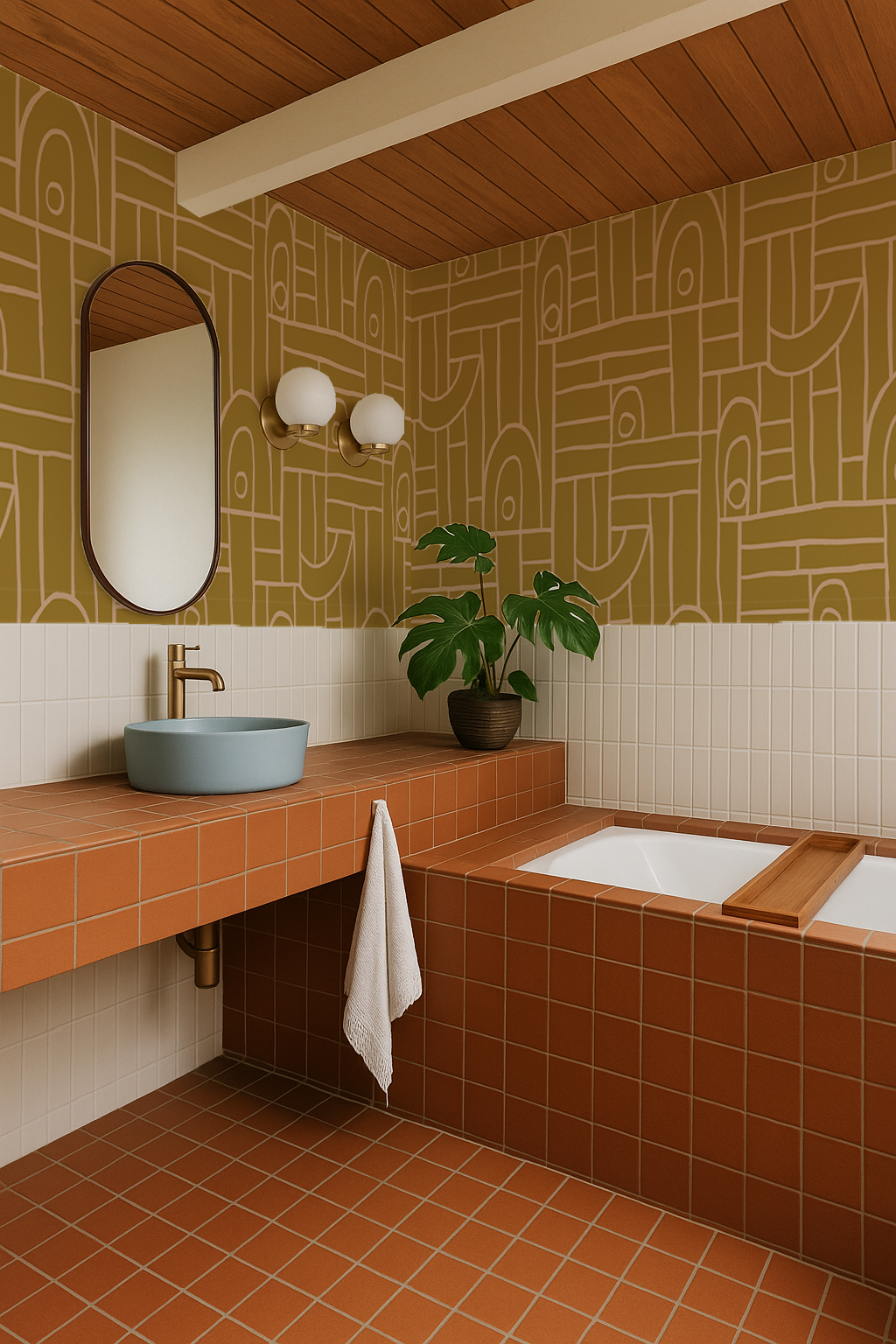 Deco Tile Wallpaper, mustard & peach - Tampa Home & Garden Store