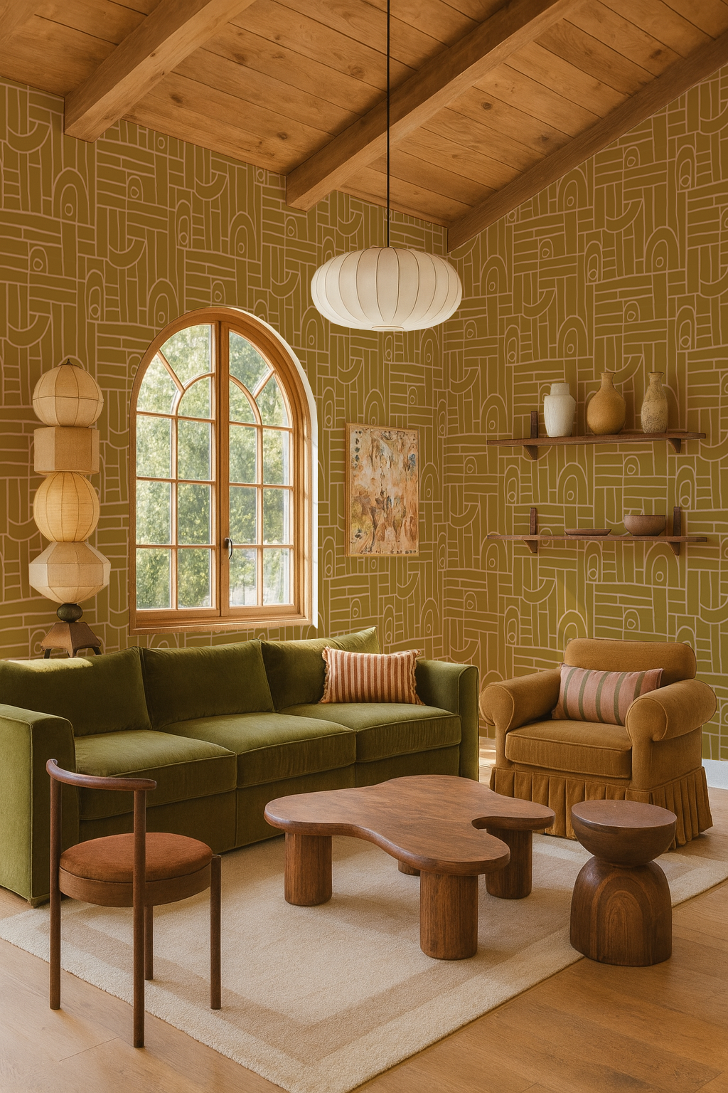 Deco Tile Wallpaper, mustard & peach - Tampa Home & Garden Store