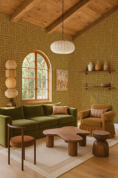 Deco Tile Wallpaper, mustard & peach - Tampa Home & Garden Store