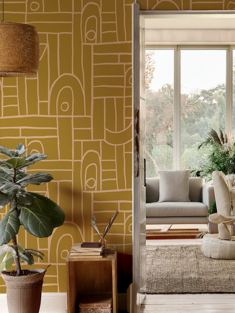 Deco Tile Wallpaper, mustard & peach - Tampa Home & Garden Store