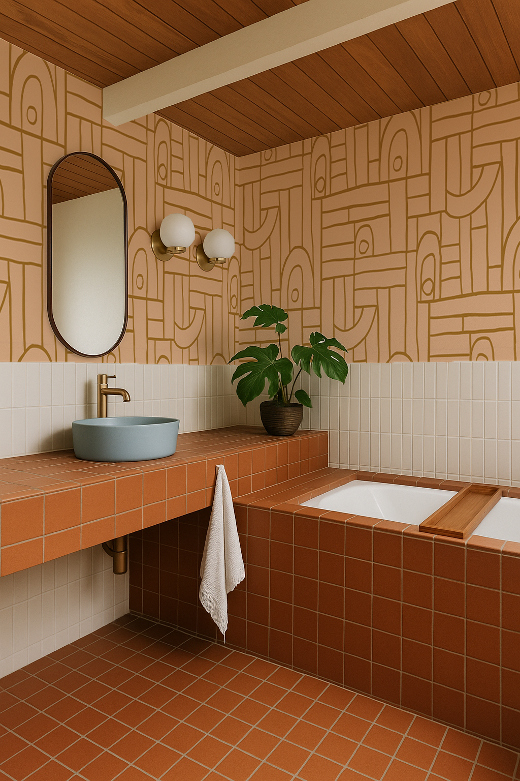 Deco Tile Wallpaper, peach and mustard - Tampa Home & Garden Store