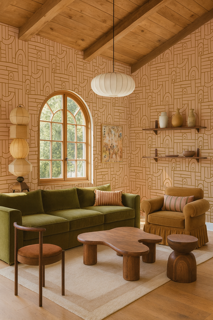 Deco Tile Wallpaper, peach and mustard - Tampa Home & Garden Store