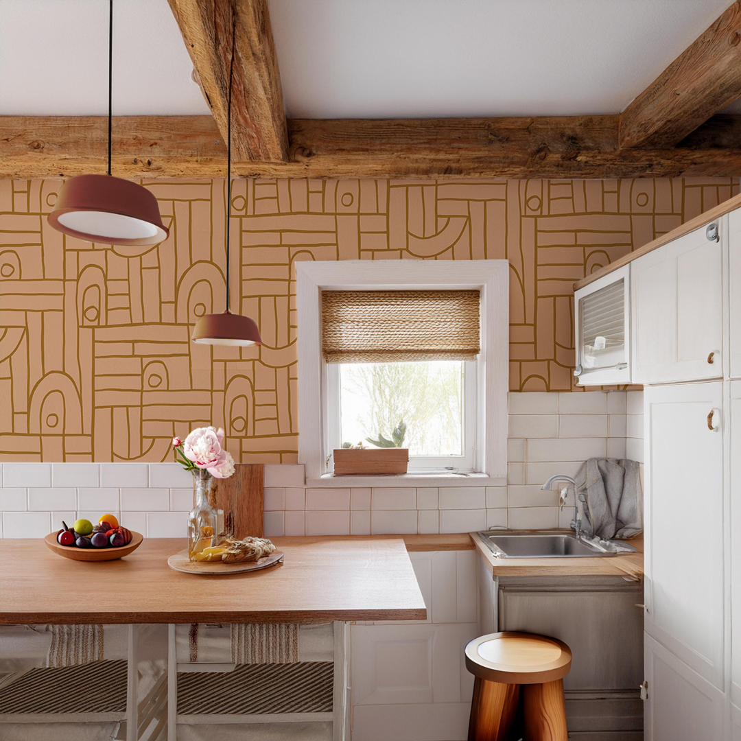 Deco Tile Wallpaper, peach and mustard - Tampa Home & Garden Store
