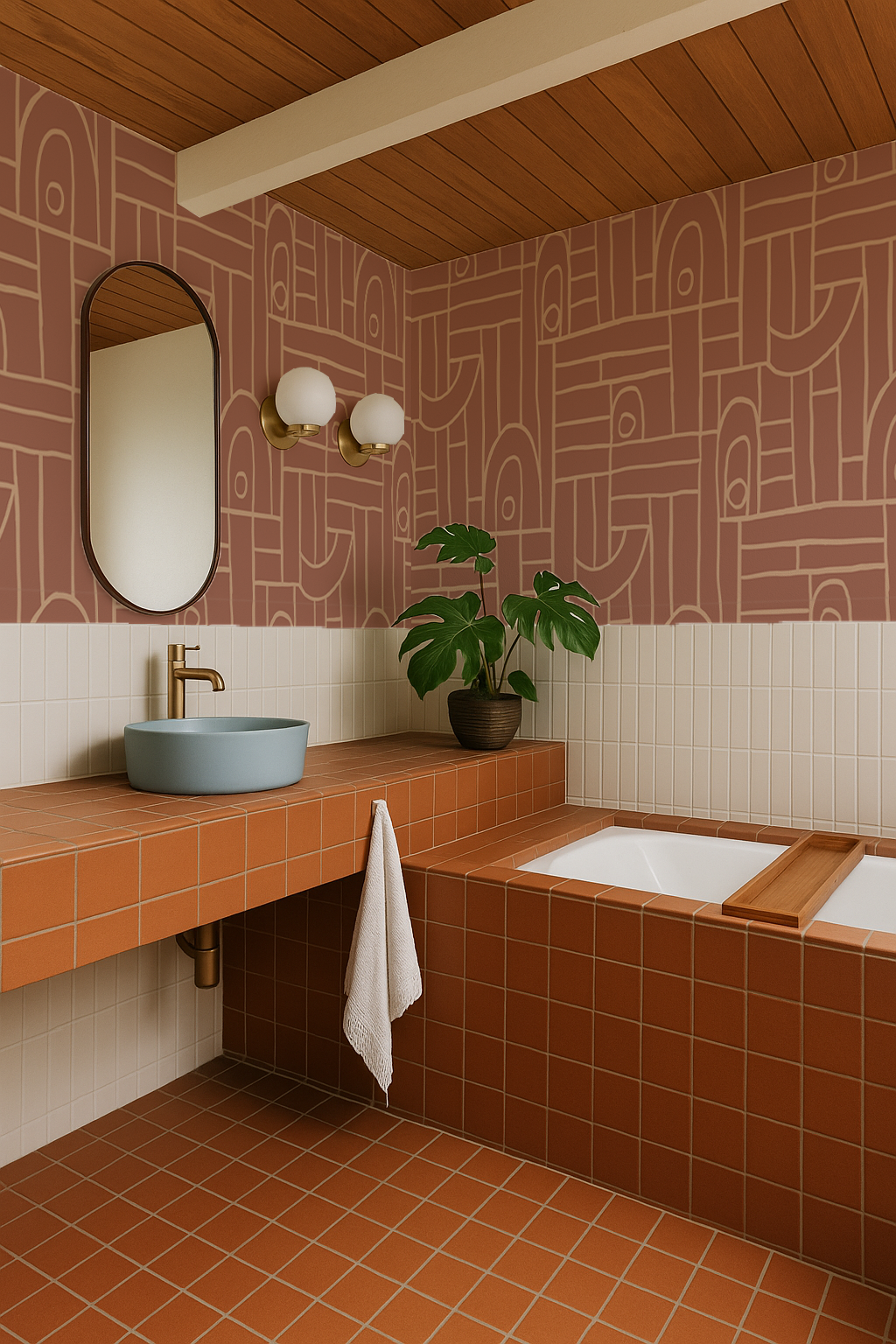 Deco Tile Wallpaper, terra cotta and peach - Tampa Home & Garden Store