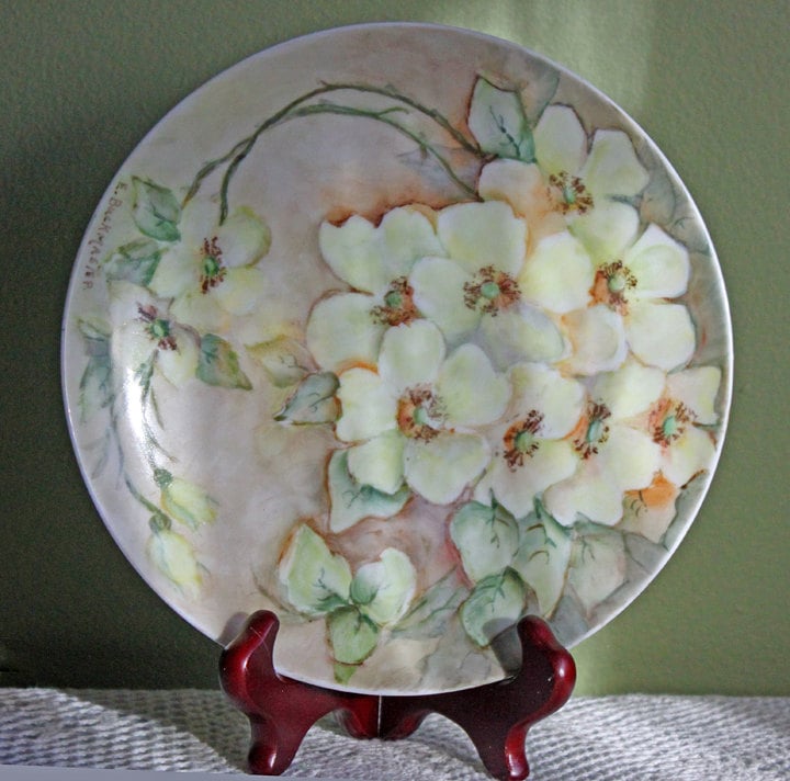 Decorataive Plate by Buckmaster, Bavaria. Hand Painted Plate with Cherry Blossom. Signed by Artist. Porcelain Plate with White Flowers. - Tampa Home & Garden Store