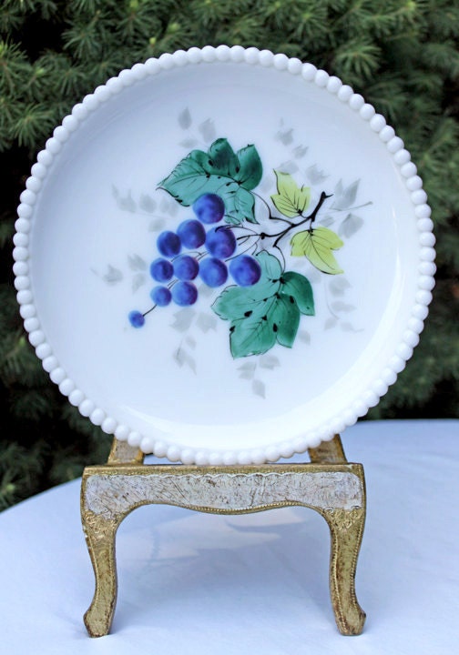 Decorative Milk Glass Plate with Hand Painted Grapes. Hobnail Rim Display Plate. - Tampa Home & Garden Store