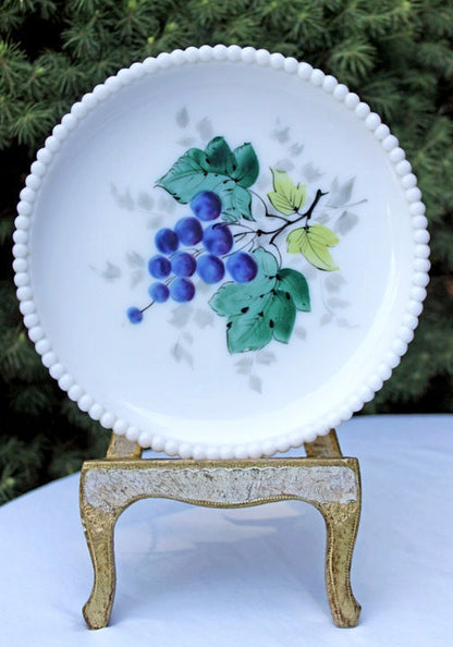Decorative Milk Glass Plate with Hand Painted Grapes. Hobnail Rim Display Plate. - Tampa Home & Garden Store