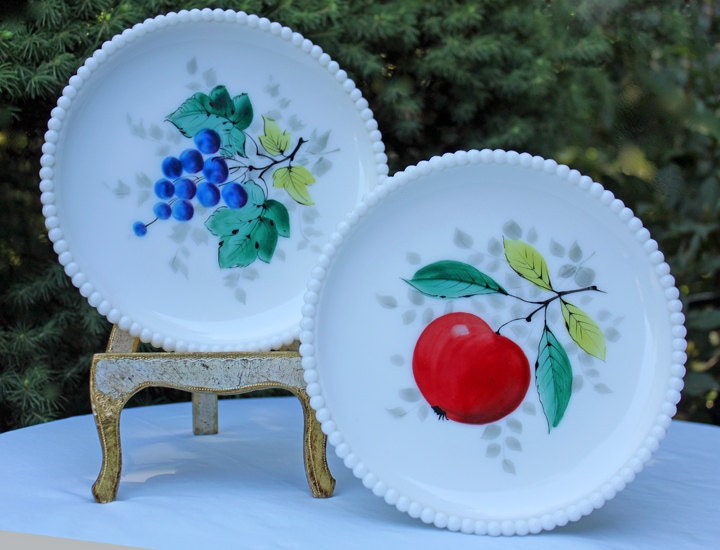 Decorative Milk Glass Plate with Hand Painted Grapes. Hobnail Rim Display Plate. - Tampa Home & Garden Store