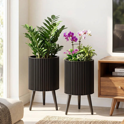 Fluted Metal Planter Pots with Stand Set of Two
