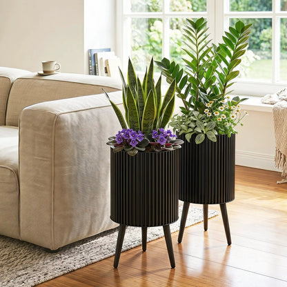 Fluted Metal Planter Pots with Stand Set of Two